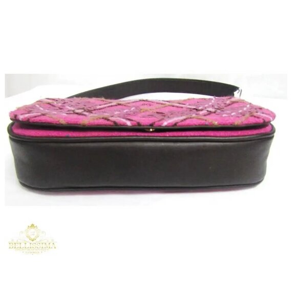 Lulu Guinness Fuchsia Tweed Applique Oak Leaves Maggy Brown Shoulder Bag - Picture 4 of 11